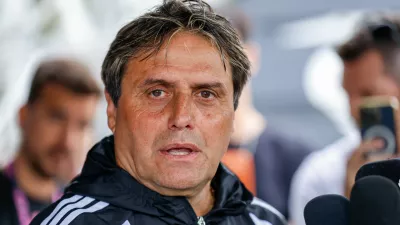 Inter Miami head coach Guillermo Hoyos responds to a question during a media availability at the MLS soccer team's training facility, Wednesday, April 15, 2026, in Fort Lauderdale, Fla. (AP Photo/Chris Arjoon)