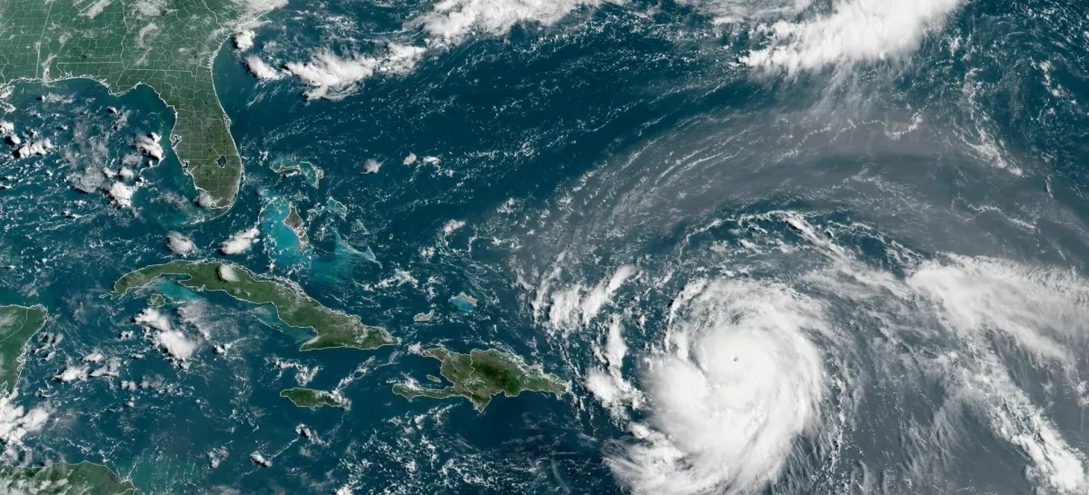 Hurricane Erin, which is the first hurricane of the 2025 Atlantic season and has developed into a dangerous Category 4 hurricane, moves westward near Puerto Rico in a composite satellite image August 16, 2025. CIRA/NOAA/Handout via REUTERS  THIS IMAGE HAS BEEN SUPPLIED BY A THIRD PARTY