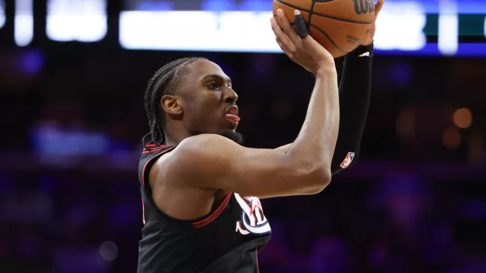 Apr 15, 2026; Philadelphia, Pennsylvania, USA; Philadelphia 76ers guard Tyrese Maxey (0) shoots against the Orlando Magic during the third quarter of a play-in round of the 2026 NBA Playoffs at Xfinity Mobile Arena. Mandatory Credit: Bill Streicher-Imagn Images