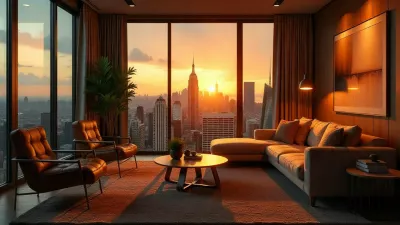 Luxury penthouse interior overlooking New York City at sunset,Image: 1071854903, License: Royalty-free, Restrictions:, Model Release: no