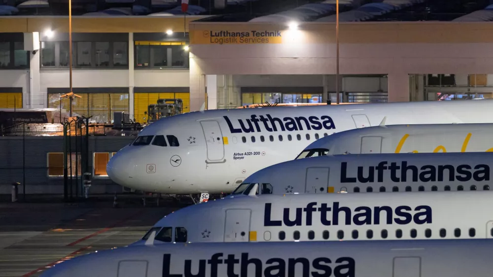 Lufthansa aircraft are parked at Frankfurt Airport, in Frankfurt, Germany, Friday, April 10, 2026, as the cabin crew of Lufthansa and its subsidiary Lufthansa Cityline to go on strike. (Hannes P. Albert/dpa via AP)