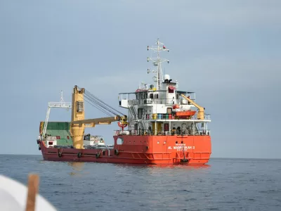 FILE PHOTO: A vessel at the Strait of Hormuz, off the coast of Oman's Musandam province, April 12, 2026. REUTERS/File Photo