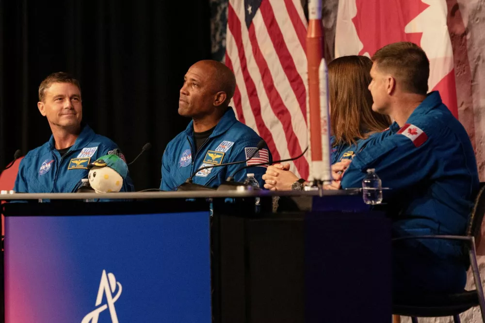 Victor Glover, one of the four-member crew of the Artemis II Moon mission's Orion capsule, responds to a question during a press conference at NASA's Johnson Space Centre in Houston, Texas, U.S., April 16, 2026. REUTERS/Lexi Parra