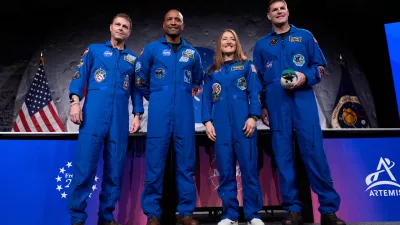 NASA's Artemis II crew - NASA astronauts Reid Wiseman, Victor Glover, and Christina Koch, and Canadian Space Agency (CSA) astronaut Jeremy Hansen pose for a photo during a press conference on Thursday, April 16, 2026, in Houston. (AP Photo/Ashley Landis)