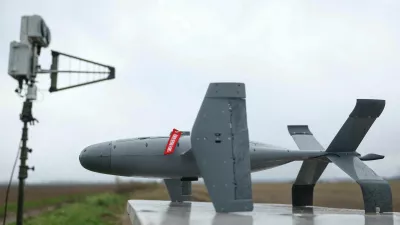 An AS3 interceptor unmanned aerial vehicle and controlling antenna, part of a modular American-made AI-powered, counter-drone system MEROPS, during a training of Ukrainian service members in an undisclosed location, amid Russia's attack on Ukraine, April 10, 2026. REUTERS/Valentyn Ogirenko