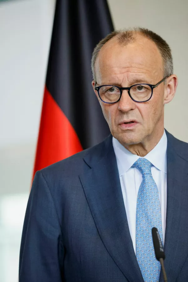 German Chancellor Friedrich Merz and Ireland's Taoiseach (Prime Minister) Micheal Martin (not pictured) hold a press conference at the Chancellery in Berlin, Germany April 16, 2026. REUTERS/Axel Schmidt