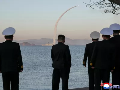 North Korean leader Kim Jong Un observes as strategic cruise missiles and anti-warship missiles are test-fired from the destroyer Choe Hyon, North Korea, April 12, 2026, in this photo released by North Korea's Korean Central News Agency (KCNA), April 14, 2026. KCNA via REUTERS ATTENTION EDITORS - THIS IMAGE WAS PROVIDED BY A THIRD PARTY. REUTERS IS UNABLE TO INDEPENDENTLY VERIFY THIS IMAGE. NO THIRD PARTY SALES. SOUTH KOREA OUT. NO COMMERCIAL OR EDITORIAL SALES IN SOUTH KOREA.