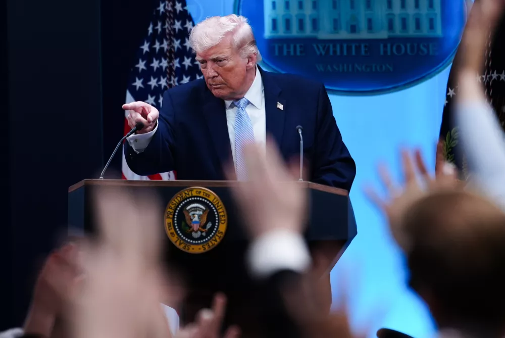 FILE - President Donald Trump speaks with reporters in the James Brady Press Briefing Room at the White House, Monday, April 6, 2026, in Washington. (AP Photo/Julia Demaree Nikhinson, File)