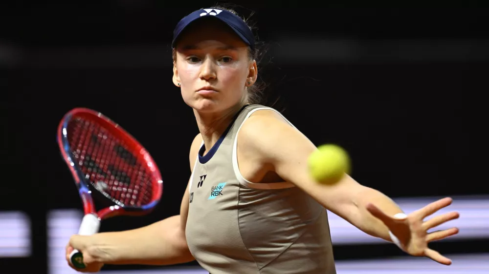 Kazakhstan's Jelena Rybakina returns a shot to Czech Republic's Karolina Muchova, during the women's final match at the Stuttgart Open tennis tournament, in Stuttgart, England, Sunday, April 19, 2026. (Marijan Murat/dpa via AP)
