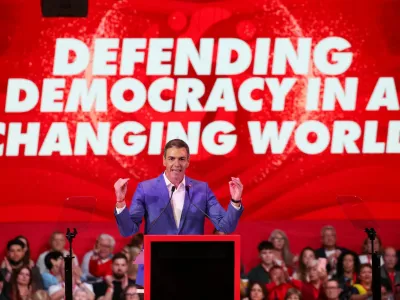 Spain's Prime Minister Pedro Sanchez speaks at the Global Progressive Mobilisation in Barcelona, Spain, April 18, 2026. REUTERS/Nacho Doce