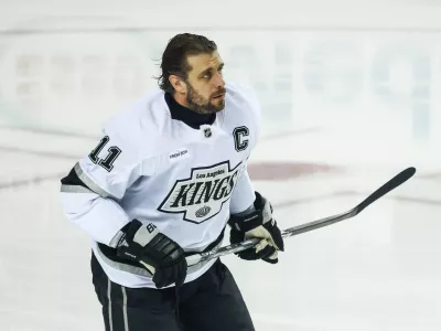 Apr 16, 2026; Calgary, Alberta, CAN; Los Angeles Kings center Anze Kopitar (11) skates during the warmup period against the Calgary Flames at Scotiabank Saddledome. Mandatory Credit: Sergei Belski-Imagn Images