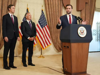 FILE PHOTO: U.S. Vice President JD Vance speaks during a press conference after meeting with representatives from Pakistan and Iran as Jared Kushner and Steve Witkoff, Special Envoy for Peace Missions, listen, on Sunday, April 12, 2026, in Islamabad, Pakistan. Jacquelyn Martin/Pool via REUTERS/File Photo