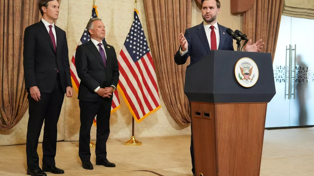 FILE PHOTO: U.S. Vice President JD Vance speaks during a press conference after meeting with representatives from Pakistan and Iran as Jared Kushner and Steve Witkoff, Special Envoy for Peace Missions, listen, on Sunday, April 12, 2026, in Islamabad, Pakistan. Jacquelyn Martin/Pool via REUTERS/File Photo