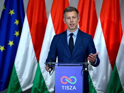 Tisza Party head and prospective prime minister Peter Magyar attends a press conference during the first meeting of the future faction in Budapest, Hungary, Monday, April 20, 2026. (Robert Hegedus/MTI via AP)