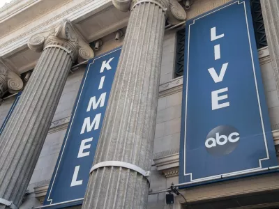Signage, before the taping of ABC's "Jimmy Kimmel Live!" show, at the El Capitan Entertainment Centre in the Hollywood district of Los Angeles, California, U.S. April 28, 2026. REUTERS/Lauren Justice