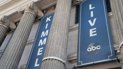 Signage, before the taping of ABC's "Jimmy Kimmel Live!" show, at the El Capitan Entertainment Centre in the Hollywood district of Los Angeles, California, U.S. April 28, 2026. REUTERS/Lauren Justice