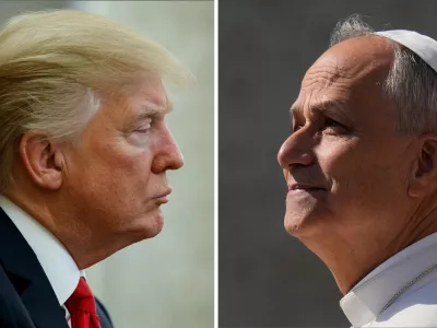 FILE- This combination file photos show on left, President Donald Trump listening during a meeting with North Korean defectors where he talked with reporters about allowing the release of a secret memo on the F.B.I.'s role in the Russia inquiry, in the Oval Office of the White House, on Feb. 2, 2018, in Washington and on right, Pope Leo XIV arriving for his weekly general audience in St. Peter's Square, at the Vatican, on Aug. 6, 2025. (AP Photos/Evan Vucci and Gregorio Borgia, File)