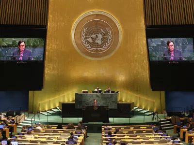 Minister for Foreign Affairs of Sweden Maria Malmer Stenergard addresses the 80th session of the United Nations General Assembly, Thursday, Sept. 25, 2025, at U.N. headquarters. (AP Photo/Pamela Smith)