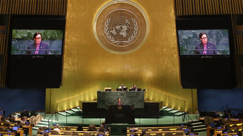 Minister for Foreign Affairs of Sweden Maria Malmer Stenergard addresses the 80th session of the United Nations General Assembly, Thursday, Sept. 25, 2025, at U.N. headquarters. (AP Photo/Pamela Smith)