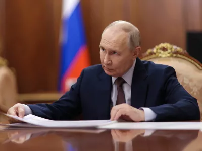 Russian President Vladimir Putin attends a meeting with Governor of the Penza region Oleg Melnichenko in Moscow, Russia, April 20, 2026. Sputnik/Alexander Kazakov/Pool via REUTERS ATTENTION EDITORS - THIS IMAGE WAS PROVIDED BY A THIRD PARTY.