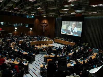 Michelle Bachelet Jeria, candidate for the position of the next Secretary-General speaks to delegates while candidates for the position of new United Nations Secretary General are interviewed at U.N. headquarters in New York City, U.S., April 21, 2026. REUTERS/Eduardo Munoz