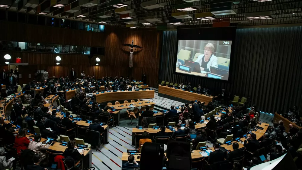Michelle Bachelet Jeria, candidate for the position of the next Secretary-General speaks to delegates while candidates for the position of new United Nations Secretary General are interviewed at U.N. headquarters in New York City, U.S., April 21, 2026. REUTERS/Eduardo Munoz