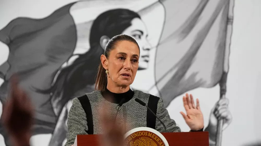 FILE - Mexican President Claudia Sheinbaum speaks during her daily morning press conference at the National Palace in Mexico City, Nov. 28, 2025. (AP Photo/Marco Ugarte, File)