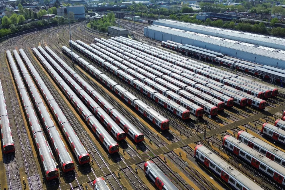 A drone view of tube trains parked up at Neasden Depot as tube strikes begin in London, Britain, April 22, 2026. REUTERS/Toby Shepheard