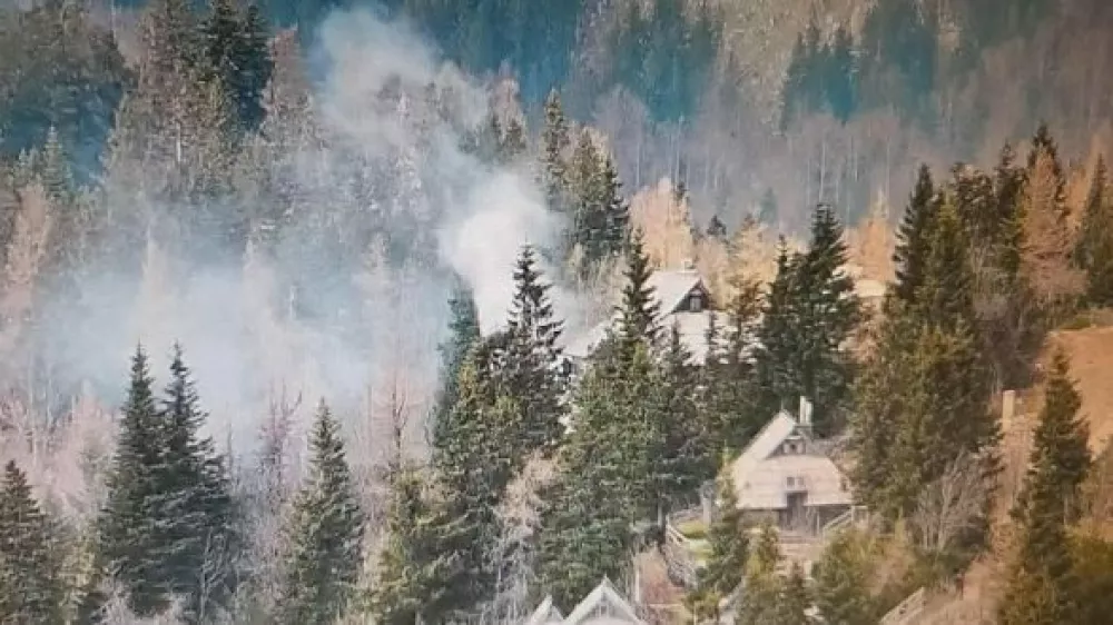 Požar koče Gorenjka na Veliki planini, ki naj bi ga povzročil jacuzzi. F oto: Zaslonski posnetek spletne kamere.