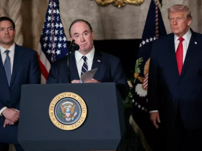 FILE PHOTO: U.S. Secretary of the Navy John Phelan speaks, after President Donald Trump announced the Navy's "Golden Fleet", at Mar-a-lago in Palm Beach, Florida, U.S., December 22, 2025. REUTERS/Jessica Koscielniak/File Photo