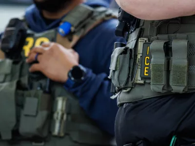 Immigration and Customs Enforcement (ICE) agents stand at the entrance to a TSA security checkpoint at BWI airport on March 30, 2026 in Baltimore, Maryland. Travelers saw shorter lines at airports on Monday morning as TSA agents finally received a paycheck after an executive order signed by President Trump. (Photo by Samuel Corum/Sipa USA)