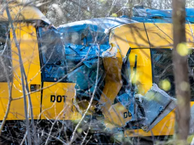 Two trains have collided between Hilleroed and Kagerup, north of Copenhagen, Thursday, April 23, 2026. (Steven Knap/Ritzau Scanpix via AP)