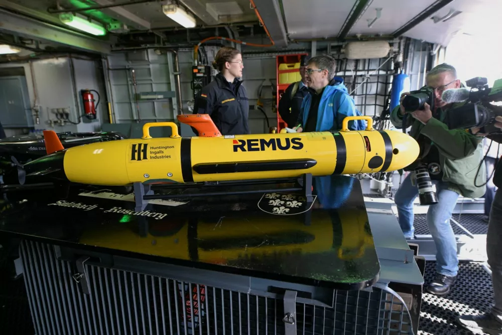 An underwater drone at the German Navy base, as the Bundesmarine, presents capabilities and applications of mine countermeasures in Kiel, Germany, April 23, 2026. REUTERS/Fabian Bimmer