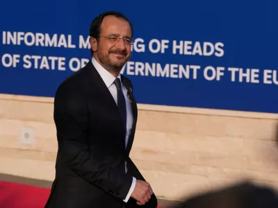 Cypriot President Nikos Christodoulides arrives for the EU Summit in Ayia Napa, Cyprus, Thursday, April 23, 2026. (AP Photo/Petros Karadjias)