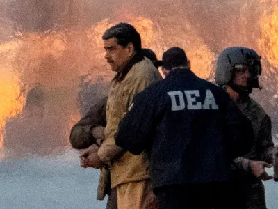 FILE PHOTO: Captured Venezuelan President Nicolas Maduro is escorted, as he heads towards the Daniel Patrick Moynihan United States Courthouse in Manhattan for an initial appearance to face U.S. federal charges including narco-terrorism, conspiracy, drug trafficking, money laundering and others, at Downtown Manhattan Heliport, in New York City, U.S., January 5, 2026. REUTERS/Adam Gray/File Photo