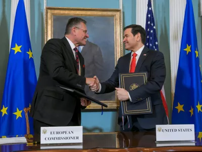 Secretary of State Marco Rubio, right, is joined by EU Commissioner for Trade and Economic Security Maros Sefcovic, left, for a Memorandum of Understanding signing ceremony at the State Department, Friday, April 24, 2026, in Washington. (AP Photo/Rod Lamkey, Jr.)