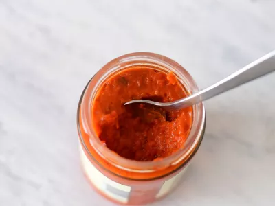 Delicious homemade red vegetable sauce-Ajvar- Typical Balkan cuisine