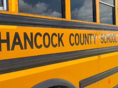 A Hancock County School District bus in Hancock County, Miss., on Thursday, April 23, 2026. (WLOX via AP)