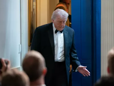 President Donald Trump arrives to speak to the media in the James Brady Press Briefing Room at the White House after an unspecified threat at the annual White House Correspondents' Association Dinner in Washington, Saturday, April 25, 2026, as Vice President JD Vance watches. (AP Photo/Jose Luis Magana)
