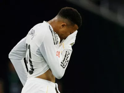 FILE PHOTO: Soccer Football - LaLiga - Real Betis v Real Madrid - Estadio de La Cartuja, Seville, Spain - April 24, 2026 Real Madrid's Kylian Mbappe reacts REUTERS/Marcelo Del Pozo/File Photo