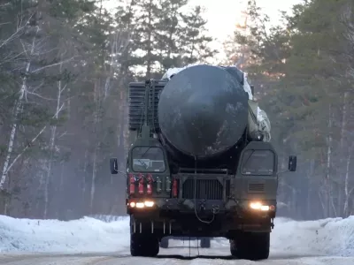 Russia's Yars intercontinental ballistic missile system unit drives during drills by the country's strategic missile forces in an unknown location in Siberia, in Russia, in this image taken from handout footage released April 2, 2026. Russian Defence Ministry/Handout via REUTERS ATTENTION EDITORS - THIS IMAGE WAS PROVIDED BY A THIRD PARTY. NO RESALES. NO ARCHIVES. MANDATORY CREDIT.