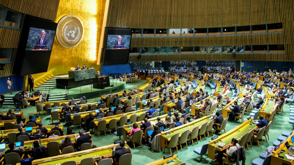 United Nations Secretary-General Antonio Guterres speaks to delegates during a meeting on Nuclear Non-Proliferation Treaty at U.N. headquarters in New York City, U.S., April 27, 2026. REUTERS/Eduardo Munoz