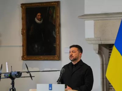 Ukraine's President Volodymyr Zelenskyy speaks next to a drone after he received the International Four Freedoms Award, in Middelburg, Netherlands, Thursday, April 16, 2026. (AP Photo/Peter Dejong)