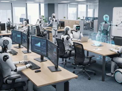 Izmi&scaron;ljena pisarna z roboti in umetno inteligenco. Kot kaže, brez ljudi in člove&scaron;kih težav ne gre dobro.