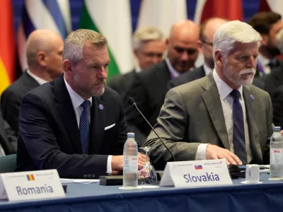 President of the Czech Republic Petr Pavel, right, and President of Slovakia Peter Pellegrini attend the plenary session at the Three Seas Summit in Dubrovnik, Croatia, Tuesday, April 28, 2026. (AP Photo/Darko Bandic)
