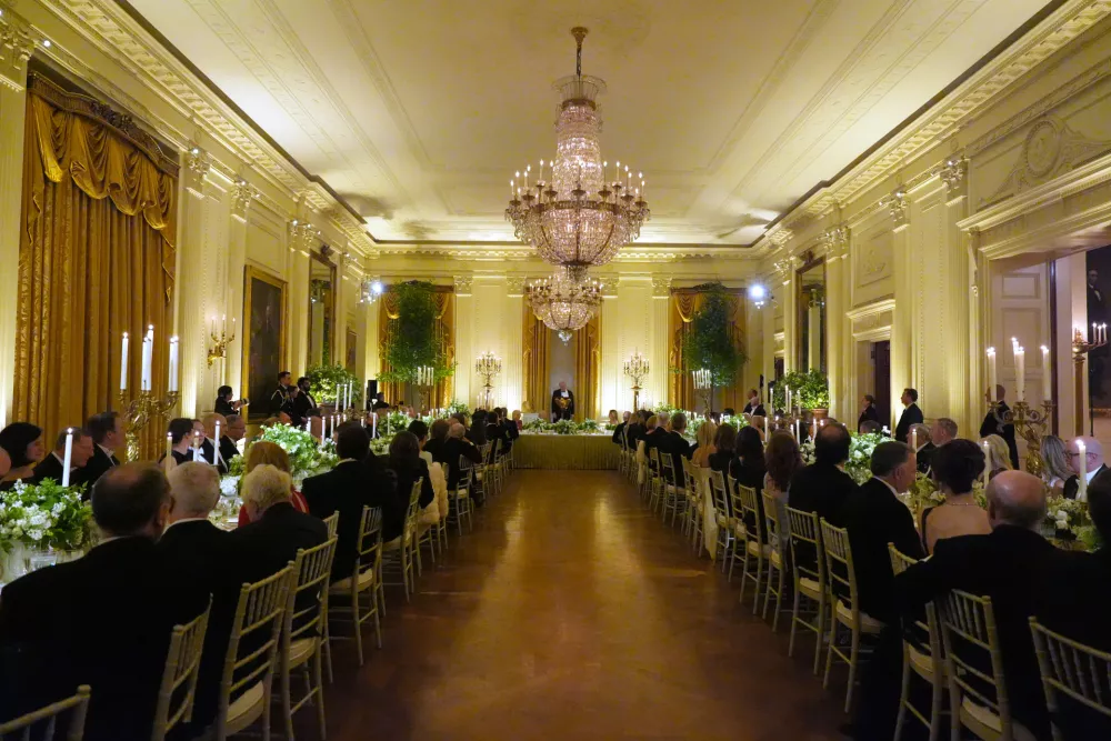 President Donald Trump speaks during a State Dinner with Britain's King Charles III, Queen Camilla and first lady Melania Trump in the East Room of the White House State Dinner Tuesday, April 28, 2026, in Washington. (AP Photo/Alex Brandon)