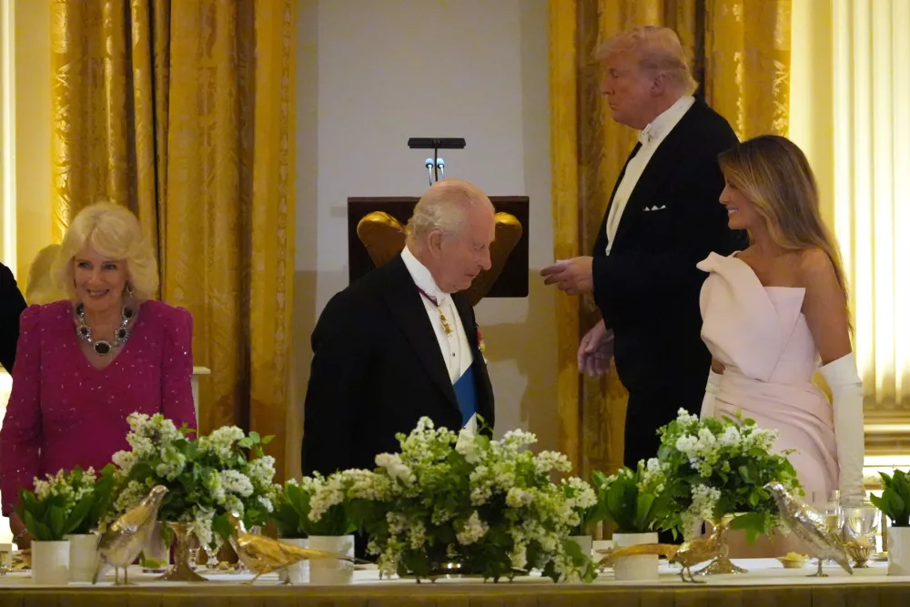 President Donald Trump prepares to speak during a State Dinner with Britain's King Charles III, Queen Camilla and first lady Melania Trump in the East Room of the White House State Dinner Tuesday, April 28, 2026, in Washington. (AP Photo/Alex Brandon)