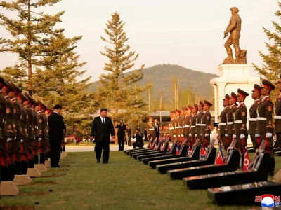North Korean leader Kim Jong Un walks next to memorial stones during the opening ceremony of the Memorial Museum of Combat Feats at the Overseas Military Operations honouring North Korean troops killed while fighting for Russia in the war against Ukraine, in Pyongyang, North Korea, April 26, 2026, in this picture released by North Korea's official Korean Central News Agency. KCNA via REUTERS  ATTENTION EDITORS - THIS IMAGE WAS PROVIDED BY A THIRD PARTY. REUTERS IS UNABLE TO INDEPENDENTLY VERIFY THIS IMAGE. NO THIRD PARTY SALES. SOUTH KOREA OUT. NO COMMERCIAL OR EDITORIAL SALES IN SOUTH KOREA.