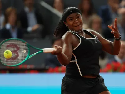 Tennis - Madrid Open - Park Manzanares, Madrid, Spain - April 28, 2026 Hailey Baptiste of the U.S. in action during her quarter final match against Belarus' Aryna Sabalenka REUTERS/Violeta Santos Moura