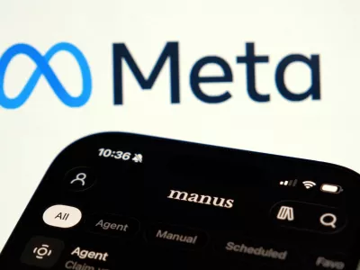 The Manus AI agent app is displayed on a mobile phone near the logo of U.S. tech giant Meta, in this illustration picture taken April 28, 2026. REUTERS/Florence Lo/Illustration